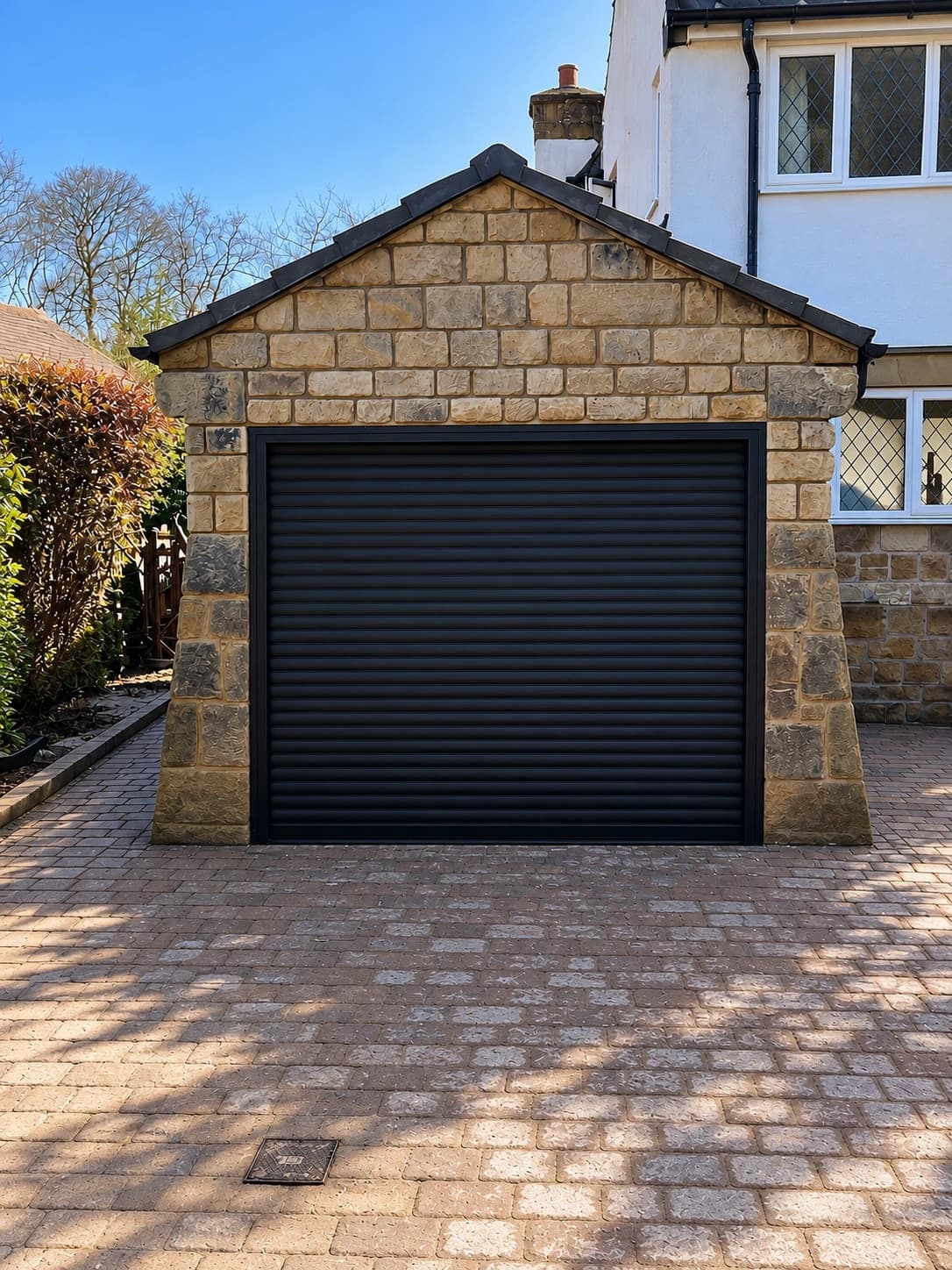 Stone-faced garage with a black roller door, on a block-paved driveway